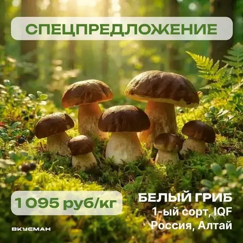 Фото объявления: ИНТЕРЕСНАЯ ЦЕНА НА СВЕЖЕМОРОЖЕНЫЙ БЕЛЫЙ ГРИБ 1-ГО СОРТА, Барнаул
